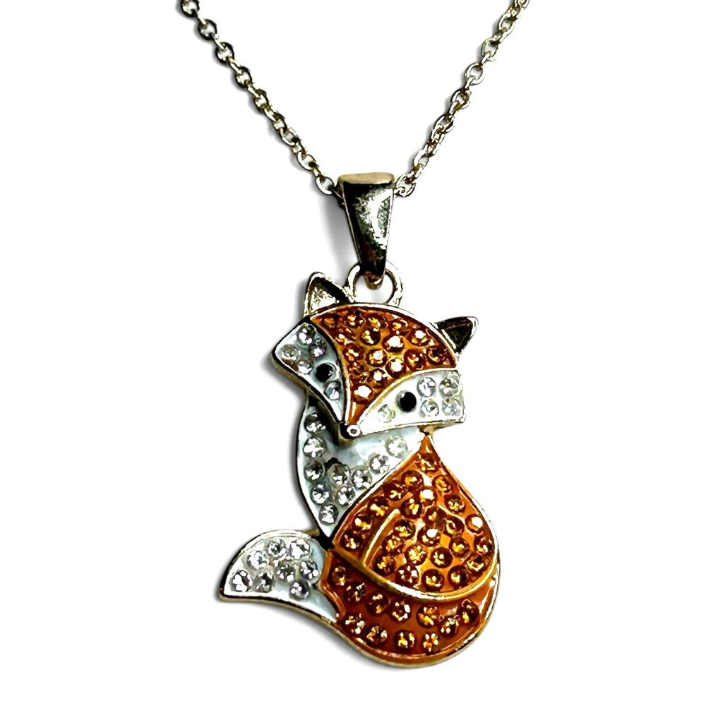 Crystal Encrusted Fox Sparkling Pendant Necklace on Gold Tone Chain